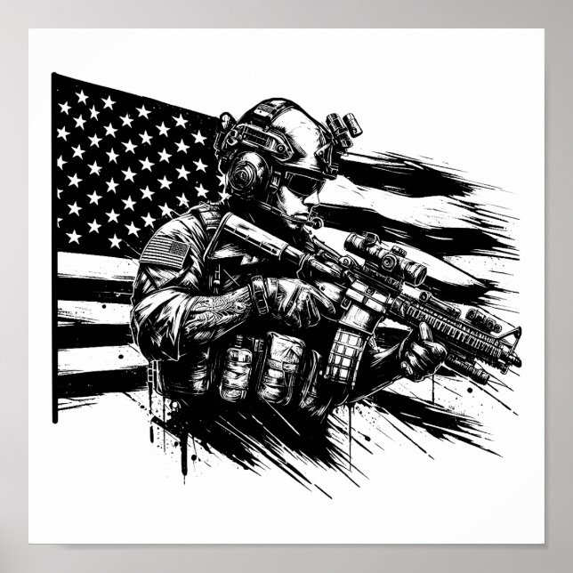 Military Soldier American USA Flag Patriotic Art  Poster (Front)