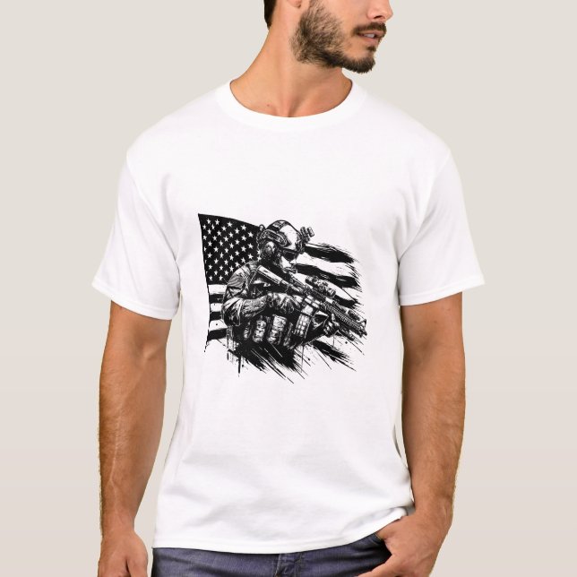 Military Soldier American USA Flag Patriotic Art  T-Shirt (Front)