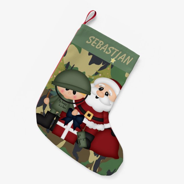 Military Soldier and Santa Claus Personalised Small Christmas Stocking (Front (Hanging))