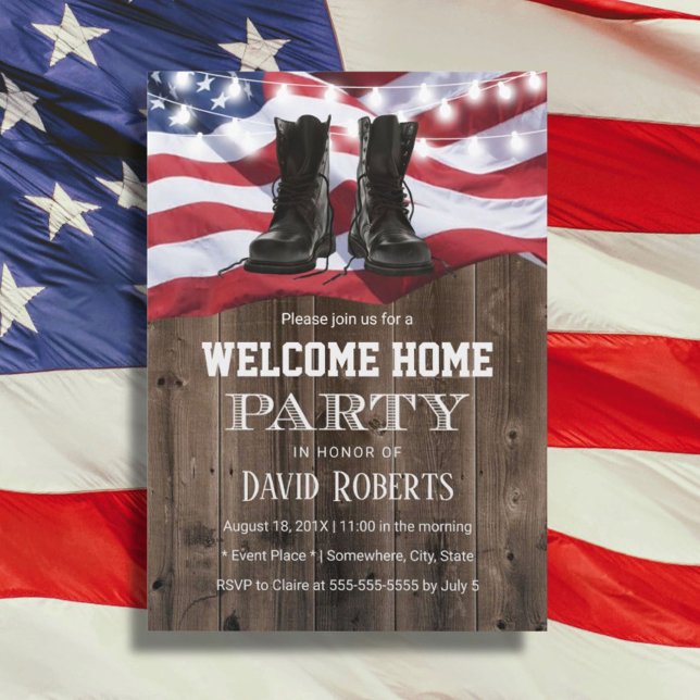 Military Solider Homecoming Party Rustic USA Flag Invitation (Creator Uploaded)