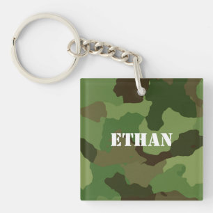 Military-Style Brown Green Camouflage White Text Key Ring