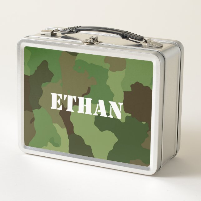 Military-Style Green Brown Camouflage White Name Metal Lunch Box (Front)
