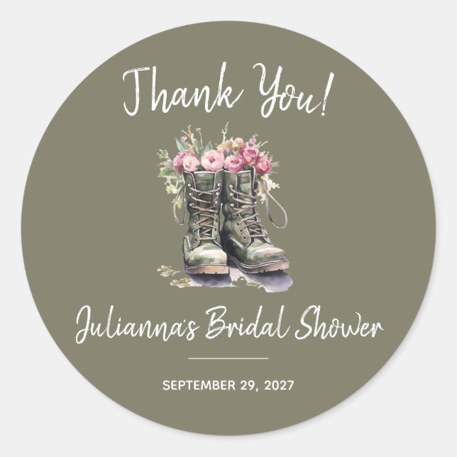 Military Themed Bridal Shower, Boots, Floral, Army Classic Round Sticker (Front)