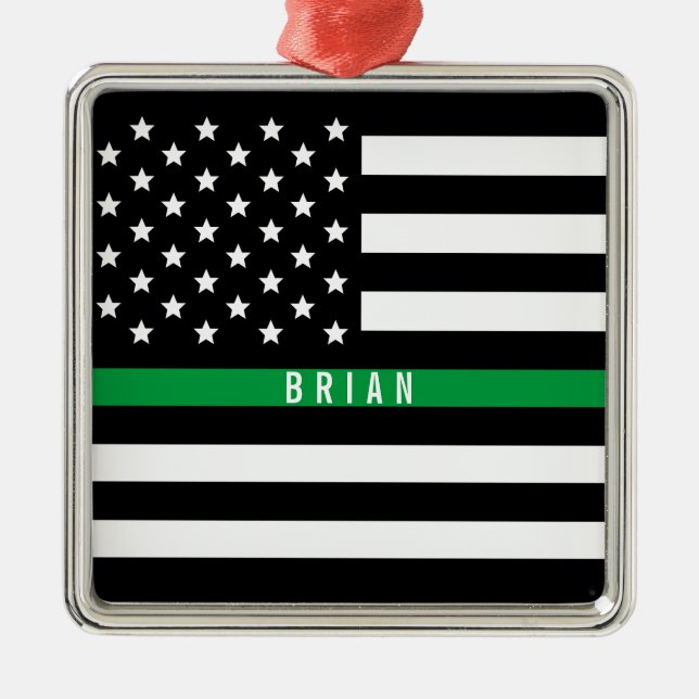 Military Thin Green Line American Flag Monogram Metal Tree Decoration (Front)