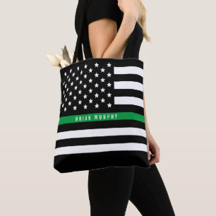 Military Thin Green Line American Flag Monogram Tote Bag