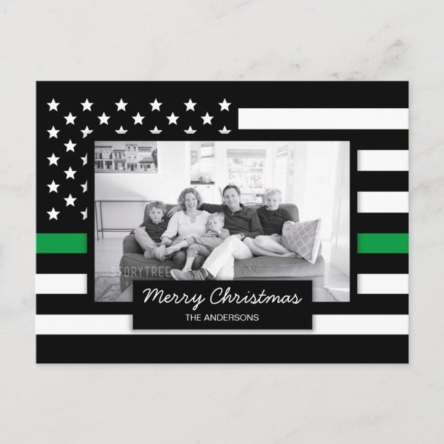 Military Thin Green Line American Flag Photo Holiday Postcard (Front)