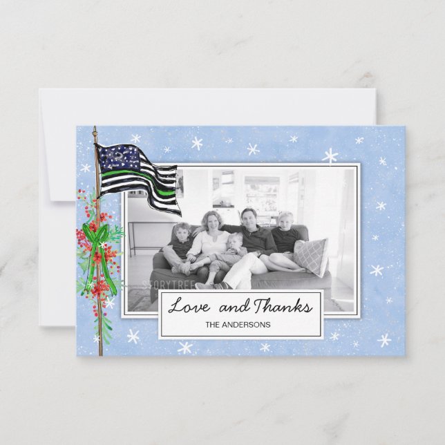 Military Thin Green Line Flag Family Photo Thank You Card (Front)