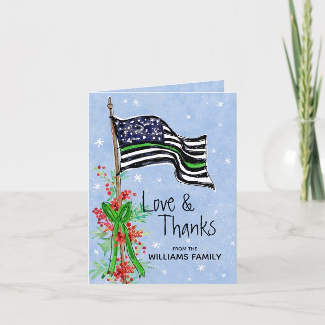 Military Thin Green Line Flag Holly Family Name Thank You Card (Front)