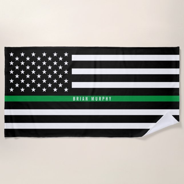 Military Thin Green Line Flag Monogrammed Beach Towel (Front)