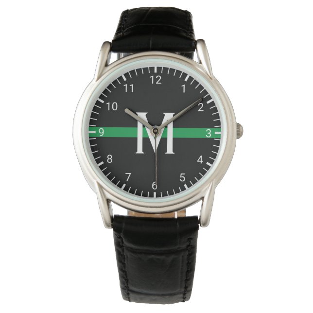 Military Thin Green Line Monogrammed Initial Watch (Front)