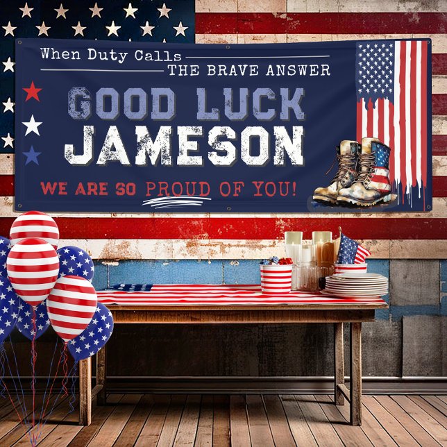 Military US Flag Boots 2.5x6' Going Away Party Banner (Personalized rustic 2.5x6' patriotic US Flag and combat boots red white & navy blue farewell banner)