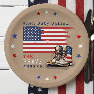 Military US Flag Boots RUSTIC Going Away Party Paper Plate