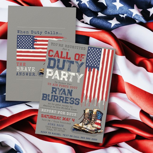 Military US Flag GRAY Deployment Farewell Party Invitation (Gray red white and blue US flag and watercolor combat boots Call of Duty military deployment party)