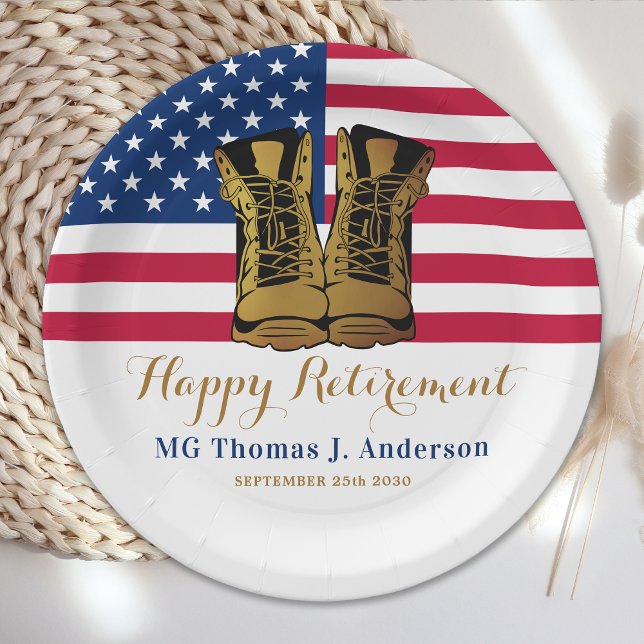 Military USA American Flag Boots Retirement Party  Paper Plate (Creator Uploaded)