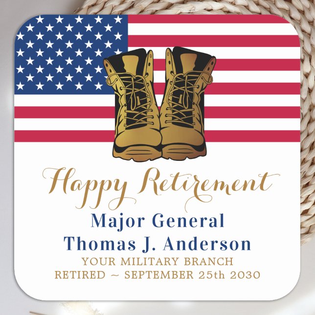 Military USA American Flag Boots Retirement Party Square Sticker (Creator Uploaded)
