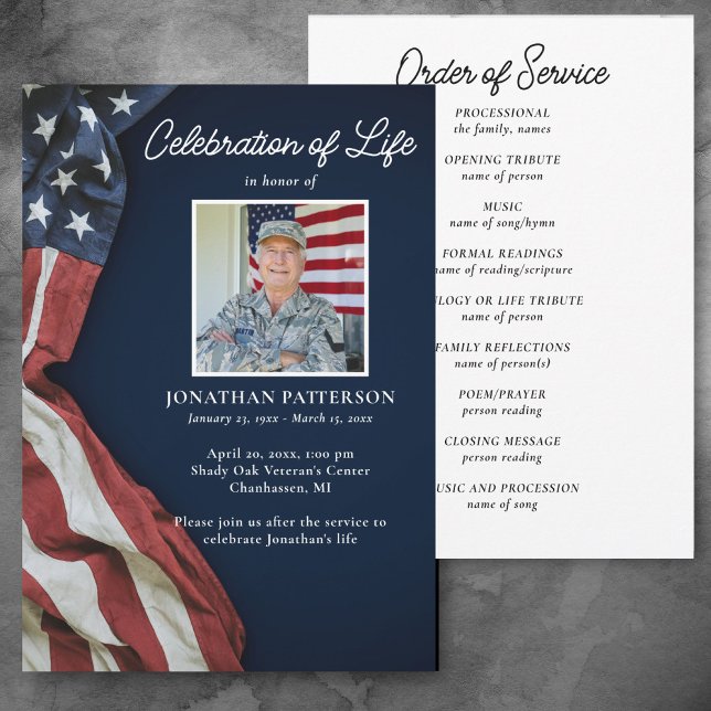 Military, USA Flag, Photo Funeral Program Invitation (Creator Uploaded)