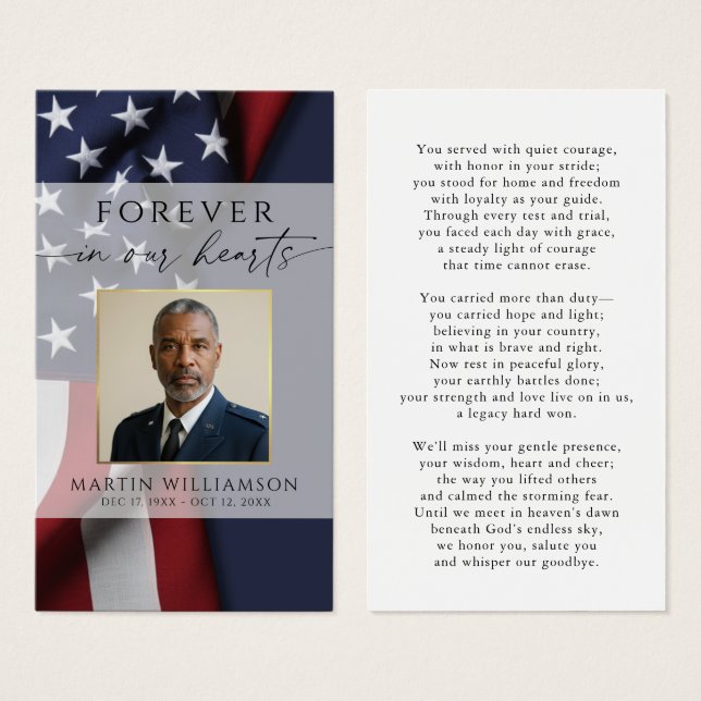 Military USA Flag Photo Memorial Prayer Card (Front & Back)