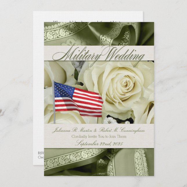 Military Wedding Invite Elegant White Roses (Front/Back)