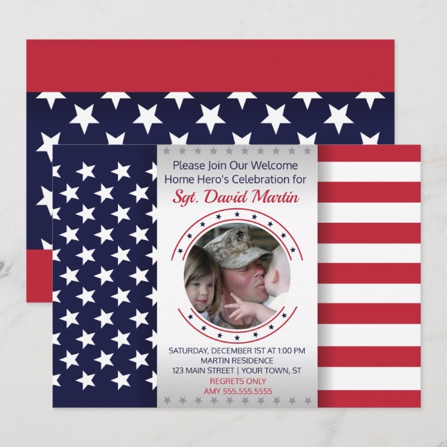 Military Welcome Home Party Flag Photo Invitation (Front/Back)