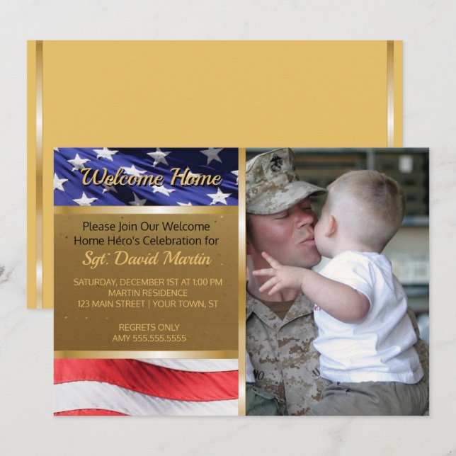 Military Welcome Home Party Flag Photo Invitation (Front/Back)