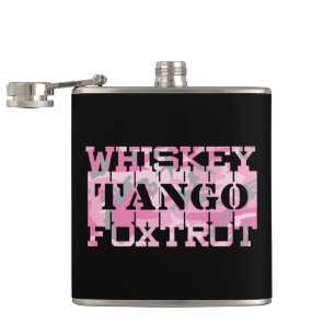 Military Whiskey Tango Foxtrot Pink Camo Hip Flask