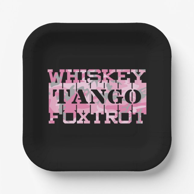 Military Whiskey Tango Foxtrot Pink Camo Paper Plate (Front)