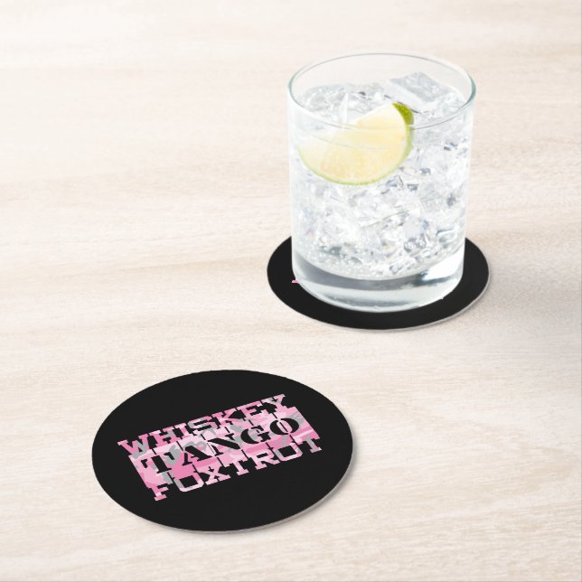 Military Whiskey Tango Foxtrot Pink Camo Round Paper Coaster (Insitu)