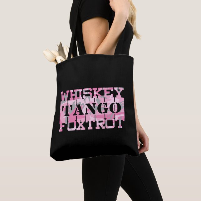 Military Whiskey Tango Foxtrot Pink Camo Tote Bag (Close Up)