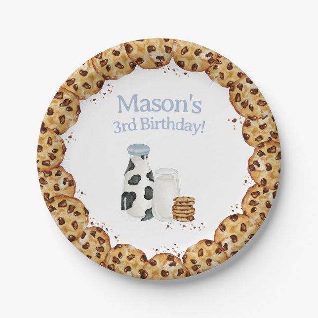 Milk and Cookie crumb Blue Birthday party table Paper Plate (Front)
