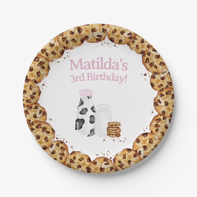 Milk and Cookie crumb Pink Birthday party table Paper Plate (Front)