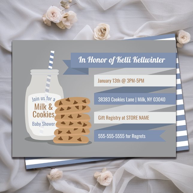 Milk and Cookies Baby Shower Blue Striped Theme Invitation (Milk and Cookies Baby Shower Blue Striped Theme Invitation)