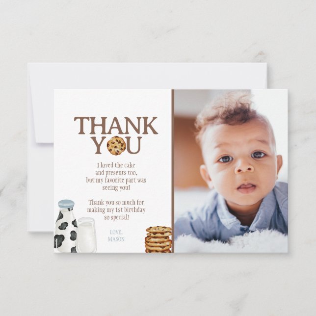 Milk and Cookies Birthday photo Thank you card (Front)