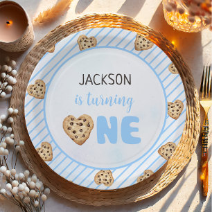 Milk and Cookies Blue 1st Birthday Party Paper Plate