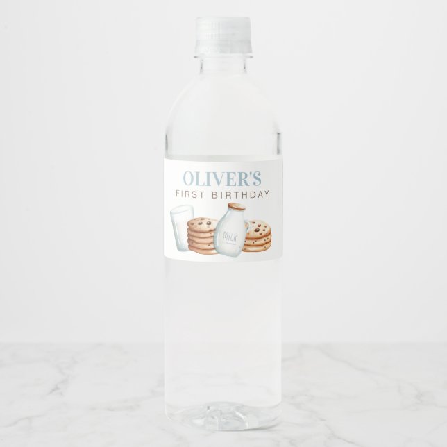 Milk and Cookies Blue Birthday Water Bottle Label (Front)