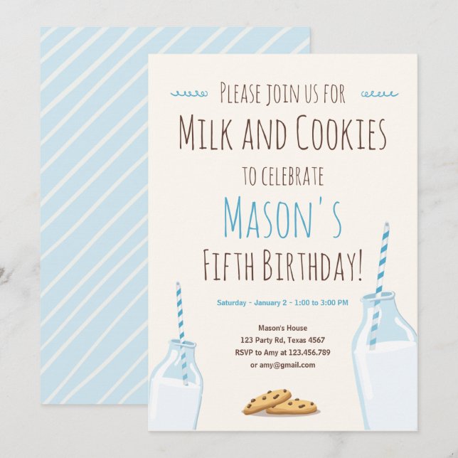 Milk and Cookies Blue Boy Birthday Party Invitation (Front/Back)