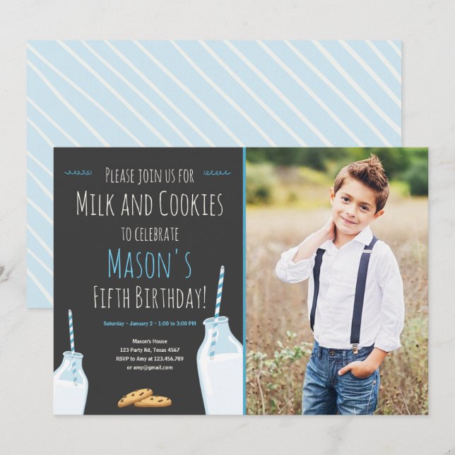Milk and Cookies Blue Boy Birthday Party Invitation (Front/Back)