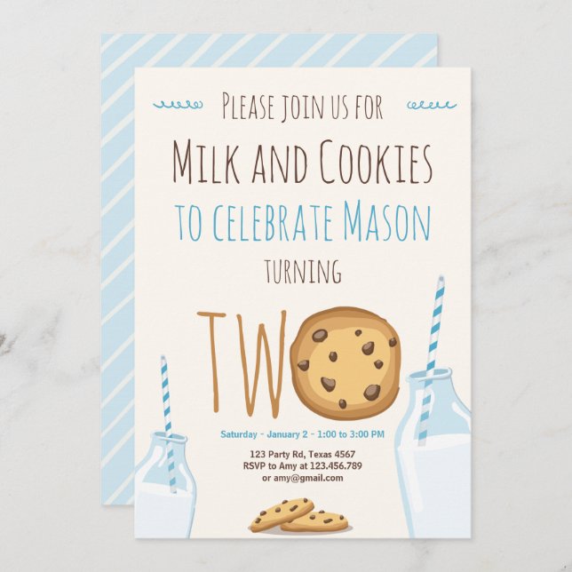 Milk and Cookies Boy Blue Second Birthday Invitation (Front/Back)