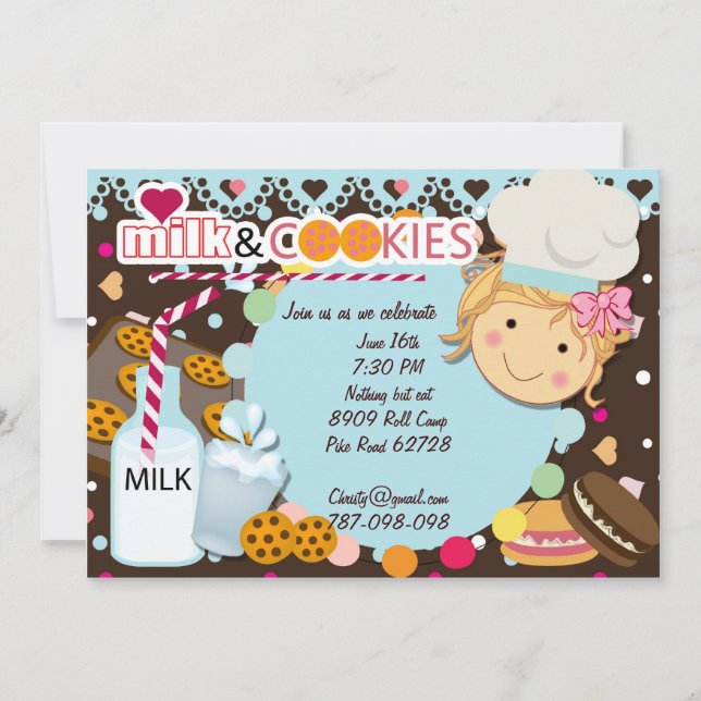 Milk and Cookies chocolate girls birthday party in Invitation (Front)