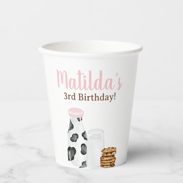 Milk and Cookies cow print pink Birthday party Paper Cups (Front)