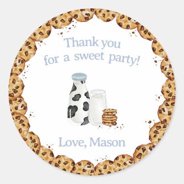 Milk and Cookies crumb Blue Birthday party favour Classic Round Sticker (Front)