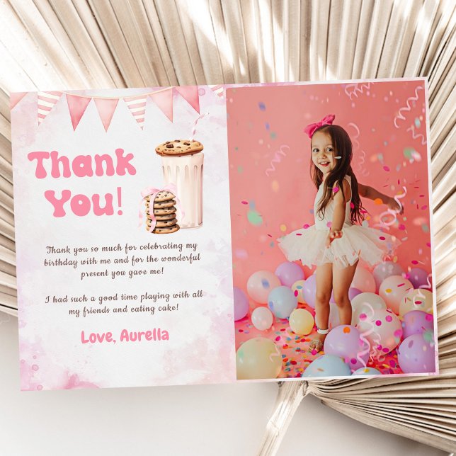 Milk And Cookies Girl Birthday Party Photo Thank You Card (Creator Uploaded)