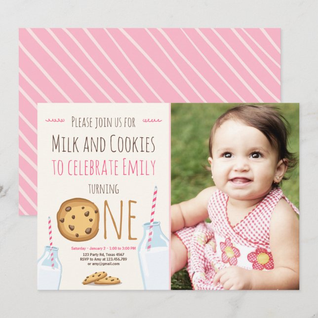 Milk and Cookies Party invitation Girl Birthday (Front/Back)