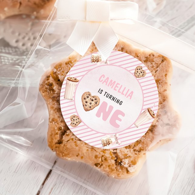 Milk and Cookies Pink First Birthday Party Classic Round Sticker (Creator Uploaded)
