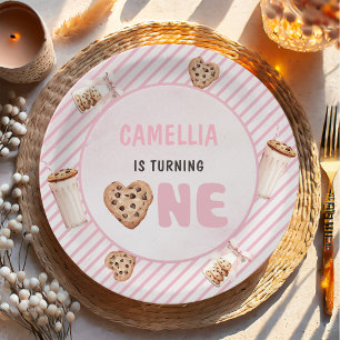 Milk and Cookies Pink First Birthday Party Paper Plate