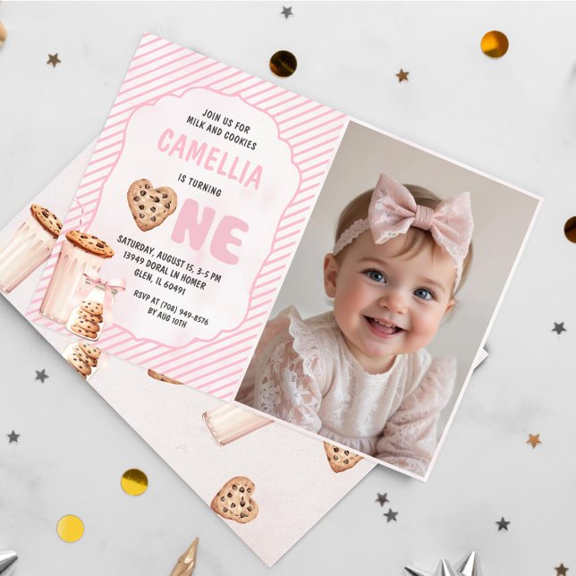 Milk and Cookies Pink First Birthday Party Photo Invitation (Creator Uploaded)