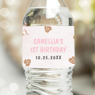 Milk and Cookies Pink First Birthday Party Water Bottle Label