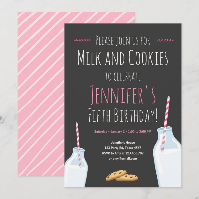 Milk and Cookies Pink Girl Birthday Party Invitation (Front/Back)