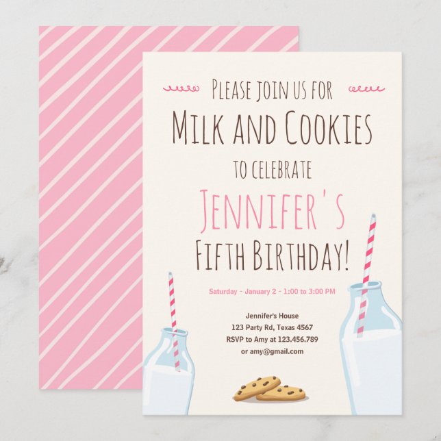 Milk and Cookies Pink Girl Birthday Party Invitation (Front/Back)