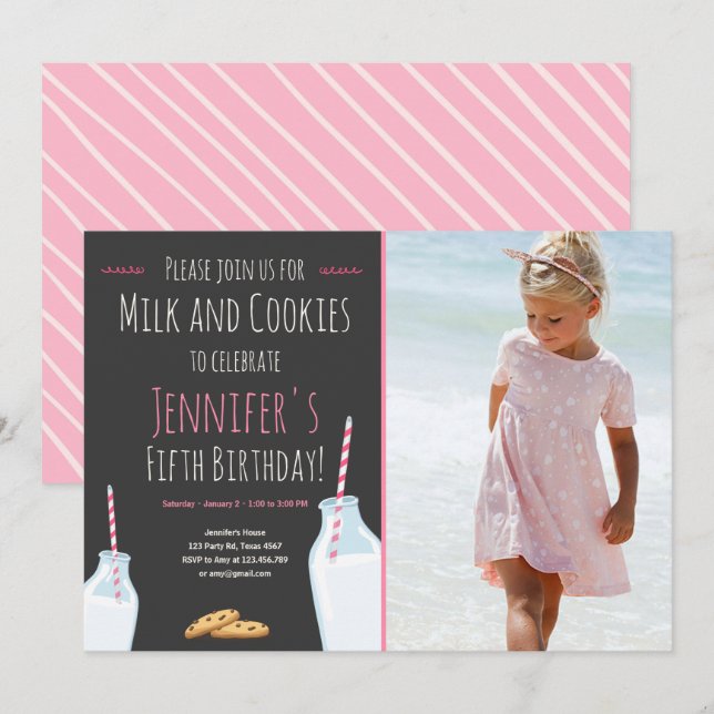 Milk and Cookies Pink Girl Birthday Party Invitation (Front/Back)