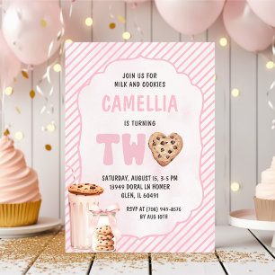 Milk and Cookies Pink Second Birthday Party Invitation